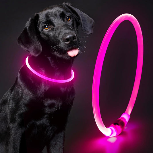 Light up Dog Collars - Waterproof LED Dog Collar, Glow in the Dark Pet Collars, TPU Cuttable Lighted Puppy Collar Lights for Small Medium Large Dogs (Pink)