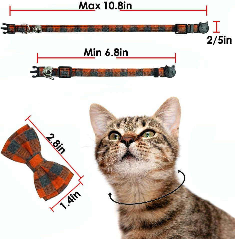 Cat Collar Breakaway with Bell and Bow Tie, Plaid Design Adjustable Safety Kitty Kitten Collars Set of 2 PCS (6.8-10.8In) (Green&Orange Plaid)