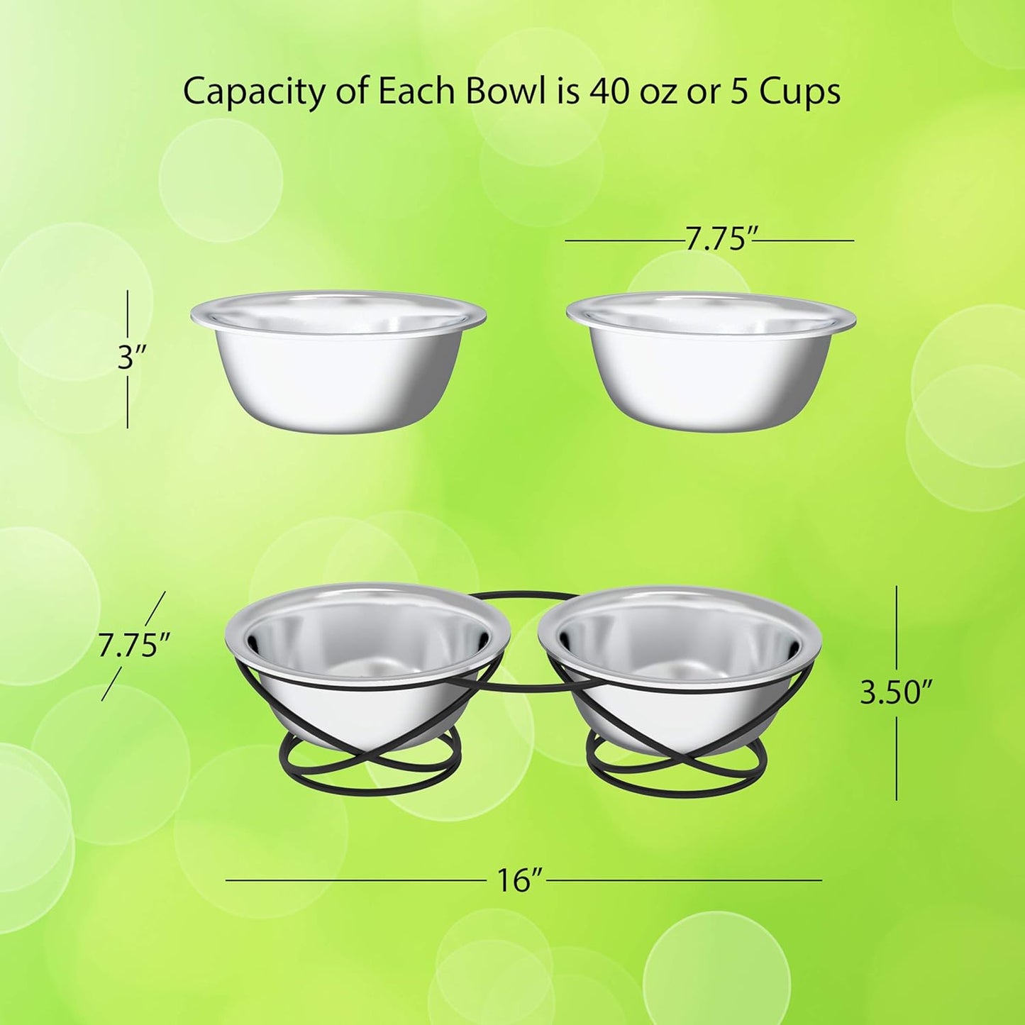 Set of 2 Elevated Dog Bowls - Stainless-Steel 40 OZ Large Food and Water Bowls for Pets with Raised 3.5-Inch-Tall Decorative Stand by ,Silver/Black